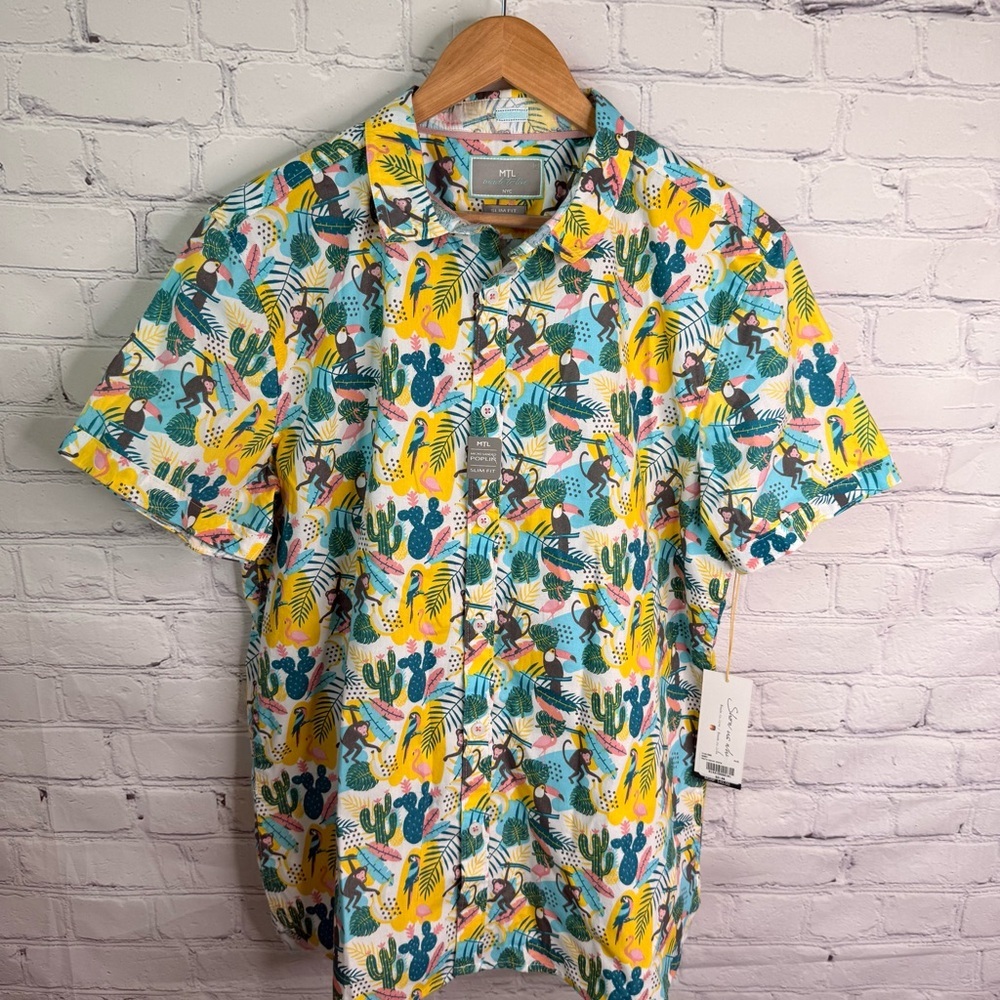MTL Made To Live Slim Fit Monkey Toucan Button Down Shirt Large NWT